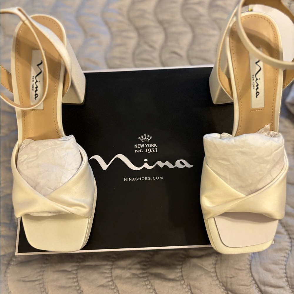 Nina Women's Cream Satin Strappy Heels-NIB